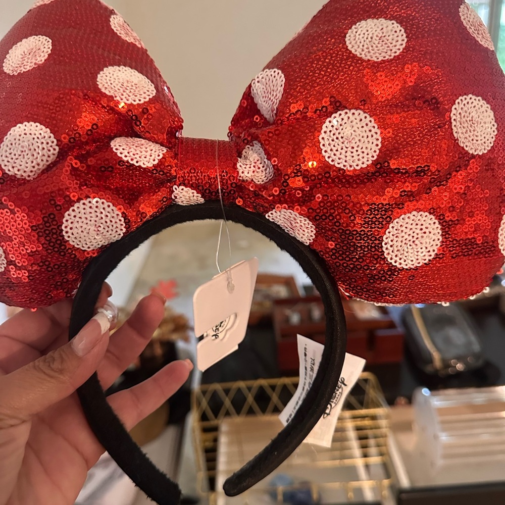 Disney park ears Red and White Sequin Bow Headband and sparkly glitter